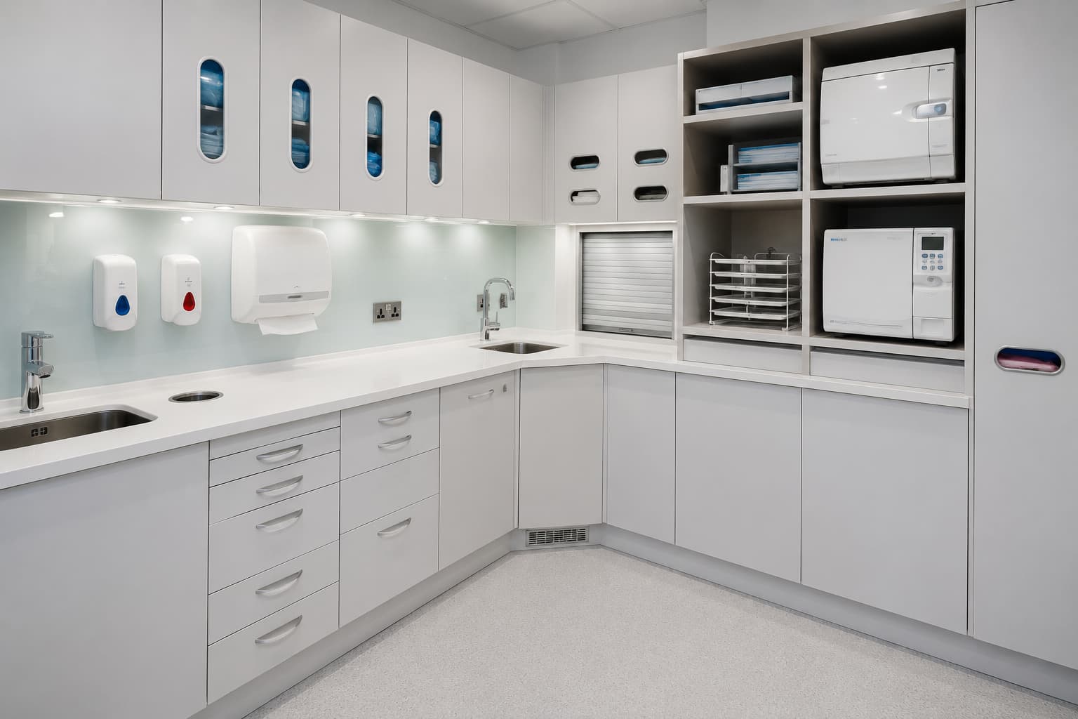 HTM 01-05 dental decontamination room with dual sinks, solid surface worktops, autoclaves and pass-through hatch