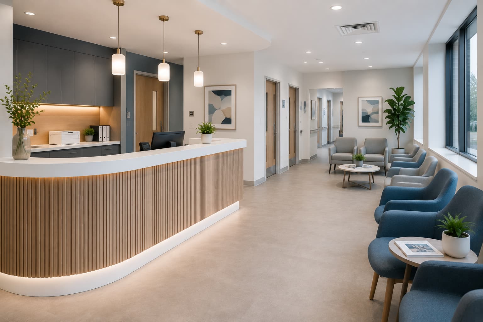 Healthcare clinic reception with curved slatted timber desk, hygienic vinyl flooring and patient waiting lounge