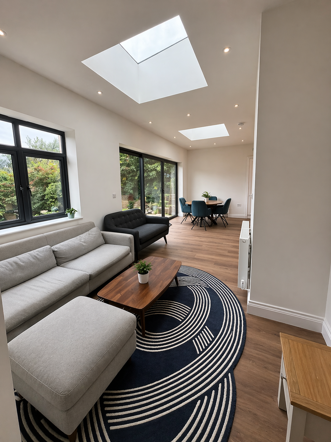 Modern open-plan home extension St Albans AL3 with roof lantern, bi-fold doors and dining area