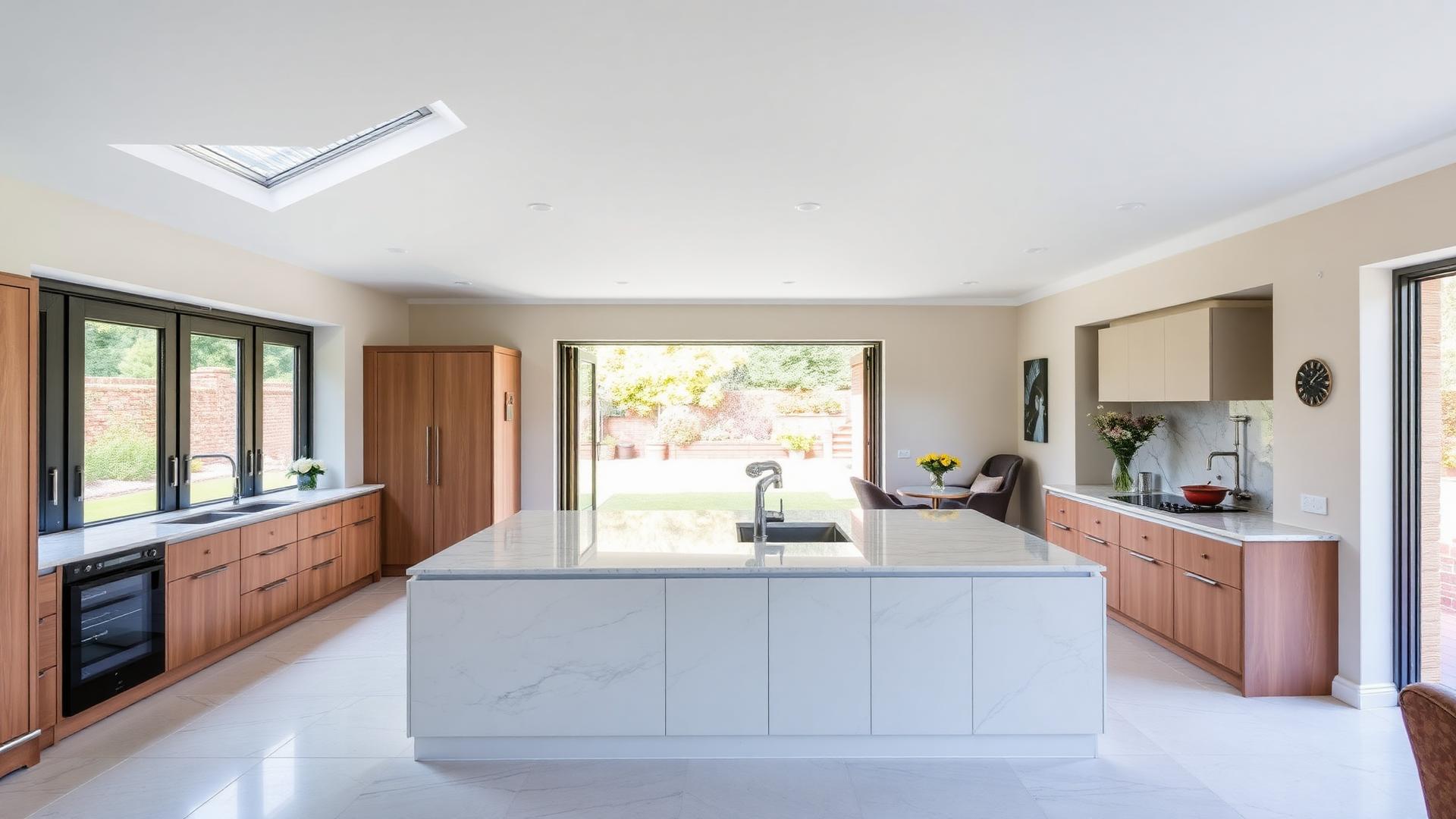 Completed luxury open-plan kitchen with marble island and bifold doors
