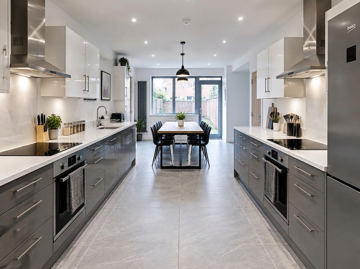 HMO communal kitchen with dual cooking stations, quartz worktops and porcelain flooring