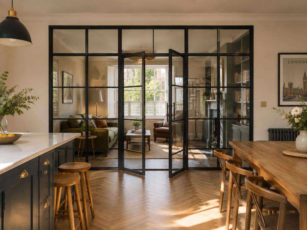 Black steel-framed Crittall-style internal glazed doors between a kitchen-diner and snug